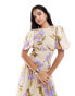 & Other Stories linen blend asymmetric hem midi dress with ruche bodice and volume sleeves in floral print