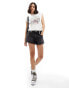 Miss Selfridge graphic print short sleeve top with lace up detail in white