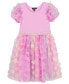 Little Girls Solid Rib Bodice with 3D Flower Skirt and Puff Sleeves Dress