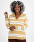 Plus Size Striped Johnny-Collar Pullover Sweater, Created for Macy's