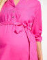 Mamalicious Maternity long sleeve wrap midi dress in pink Fuchsia-Fedora, S - фото #2