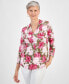 Фото #1 товара Women's Floral-Print 3/4 Sleeve Pleated-Neck Top, Created for Macy's