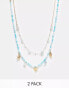 DesignB London pack of 2 pearl beaded festival necklaces in white and turquoise Голубой - фото #1