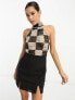 Фото #1 товара ASOS DESIGN halter crochet mini dress in mono checkerboard