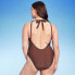 Фото #4 товара Women's Twist-Front Plunge One Piece Swimsuit - Shade & Shore Brown XS