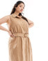 Фото #2 товара Forever New Curve sleeveless belted linen shirt dress in brown