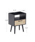 Rattan End Table With Power Outlet & USB Ports, Modern Nightstand With Drawer And Solid Wood