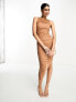 Фото #1 товара ASOS DESIGN high neck ruched asymmetric bodycon midi dress in camel brown