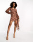 Фото #2 товара ASOS DESIGN fluffy v neck mini dress with tie waist and tie back detail in brown