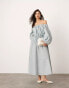 ASOS EDITION bardot pleat detail midi dress with balloon sleeves in blue