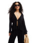 Фото #1 товара Esmee tie front long sleeve crinkle beach shirt co-ord in black