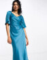 Y.A.S Bridesmaid satin flutter sleeve midi dress in deep teal green