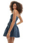 Bershka bandeau belted denim mini dress in mid wash blue