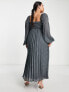 ASOS DESIGN Curve embroidered bust pleated midi dress with long sleeve in dark grey