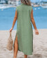 Women's Green Collared V-Neck Sleeveless Linen Midi Beach Dress