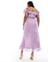 Фото #4 товара ASOS DESIGN Curve bardot ruffle front bias maxi dress in floral jacquard in lilac