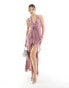 Фото #4 товара Murci exclusive mesh deep plunge ruffle trim high low maxi dress in pink