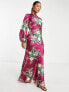 Фото #3 товара ASOS DESIGN Petite high neck bias cut maxi dress with large floral print in burgundy