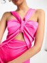 Y.A.S satin knot front cut out satin midi dress in bright pink