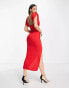 Фото #4 товара ASOS DESIGN Tall plunge neck ruched side midi dress with split in red