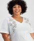 Plus Size Cotton V-Neck Embellished T-Shirt, Created for Macy's