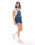 Miss Selfridge dungaree denim shorts in mid blue wash Голубой, 34 - фото #2