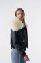 Women's Detachable Natural Shearling Collar Bomber Jacket, Natural Grain Black