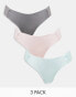 ASOS DESIGN 3 pack no VPL & lace side thong in baby pink, blue & grey