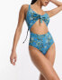 Monki tie front swimsuit in blue floral print