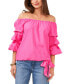 Фото #1 товара Women's Linen-Blend Off The Shoulder Bubble Sleeve Tie Front Blouse