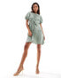 Фото #2 товара ASOS DESIGN cupro puff sleeve mini smock dress with ruching detail in sage green