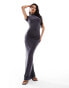 Kaiia slinky high neck cap sleeve maxi dress in charcoal