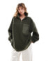 Фото #1 товара ASOS DESIGN half zip nylon mix borg fleece sweatshirt in khaki