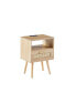 Rattan End Table With Power Outlet & USB Ports, Modern Nightstand With Drawer And Solid Wood