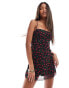 Фото #1 товара Bershka cowl neck lace up back mini dress in black cherry print