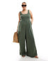 ASOS DESIGN Curve scoop neck wide leg jumpsuit in khaki