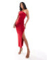 Фото #1 товара Kaiia slinky ruched one shoulder maxi dress in red