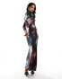 Daska satin high neck maxi dress in dark based swirl print