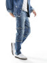 Фото #2 товара ASOS DESIGN straight leg jeans with frayed hem panels in mid wash blue