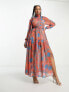 Фото #3 товара Urban Revivo tiered high neck maxi dress in red and blue print