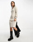 Object v neck knitted ribbed jumper dress in soft stone