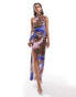 ASOS DESIGN satin asymmetric neck maxi dress with puddle hem in abstract print Abstraktes Muster, 36 - фото #1