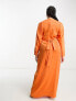 Фото #3 товара ASOS DESIGN Curve exclusive satin maxi dress with batwing sleeve and wrap waist in hot orange