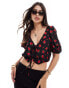 Brave Soul puff sleeve floral printed crop top with tie front detail in black Черный, XS - EU 36 - фото #1