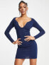 ASOS DESIGN knitted mini dress with sweetheart plunge neckline in metallic yarn in blue