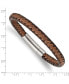 ფოტო #3 პროდუქტის Stainless Steel Polished Brown Braided Leather Bracelet