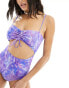 Monki mix and match twist front swimsuit in purple swirl print