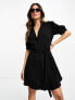 Фото #3 товара New Look collared tie waist mini shirt dress in black