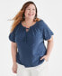 ფოტო #1 პროდუქტის Plus Size Eyelet Puff-Sleeve Split-Neck Cotton Top, Created for Macy's