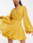 Фото #3 товара ASOS DESIGN wrap balloon sleeve mini dress with tie waist detail in mustard